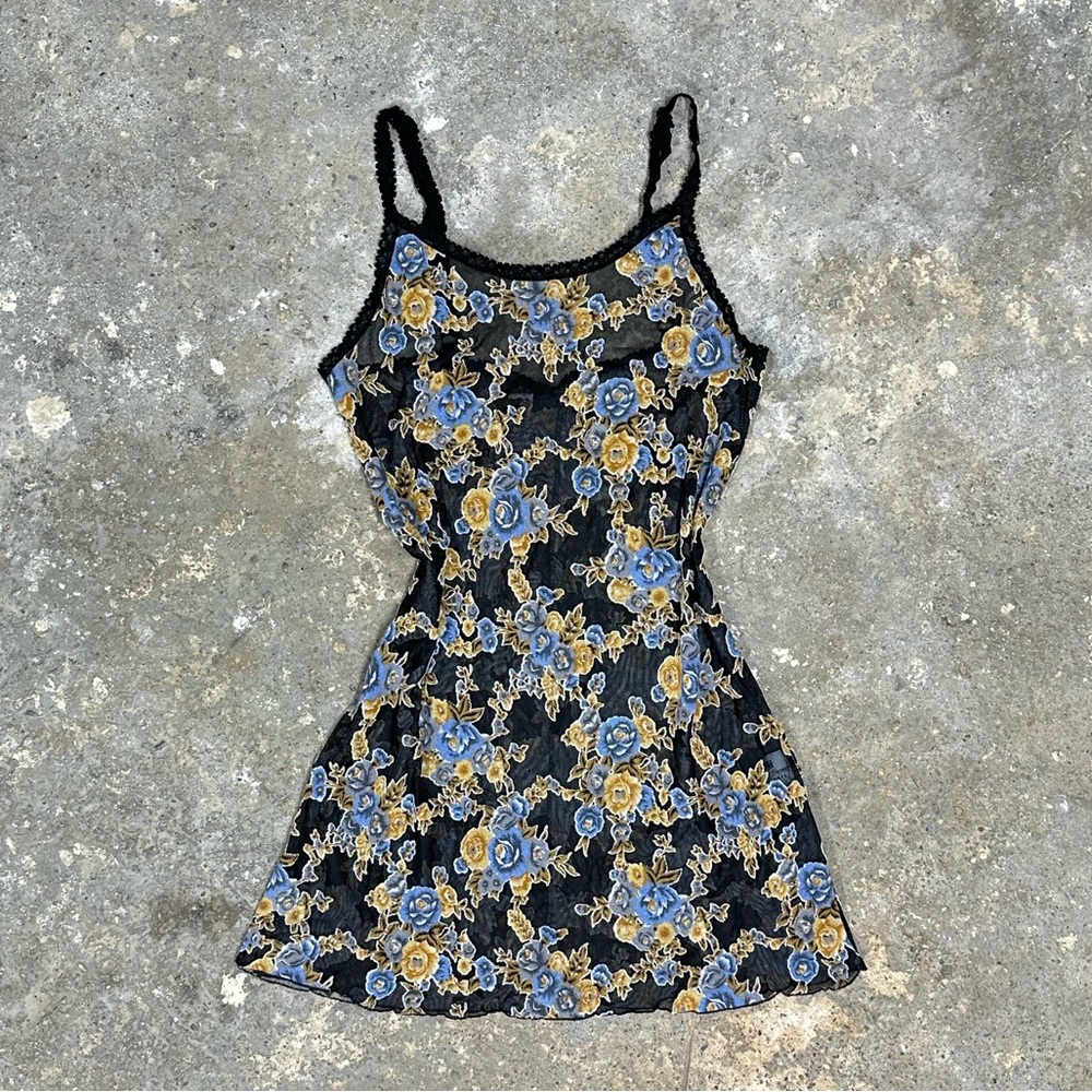 Vintage Black Mesh Blue Floral Mini Dress